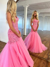 Hot Floral Long Corset 2024 Prom Dresses Mermaid Pink Lace Formal Dress Strapless MyChicDress